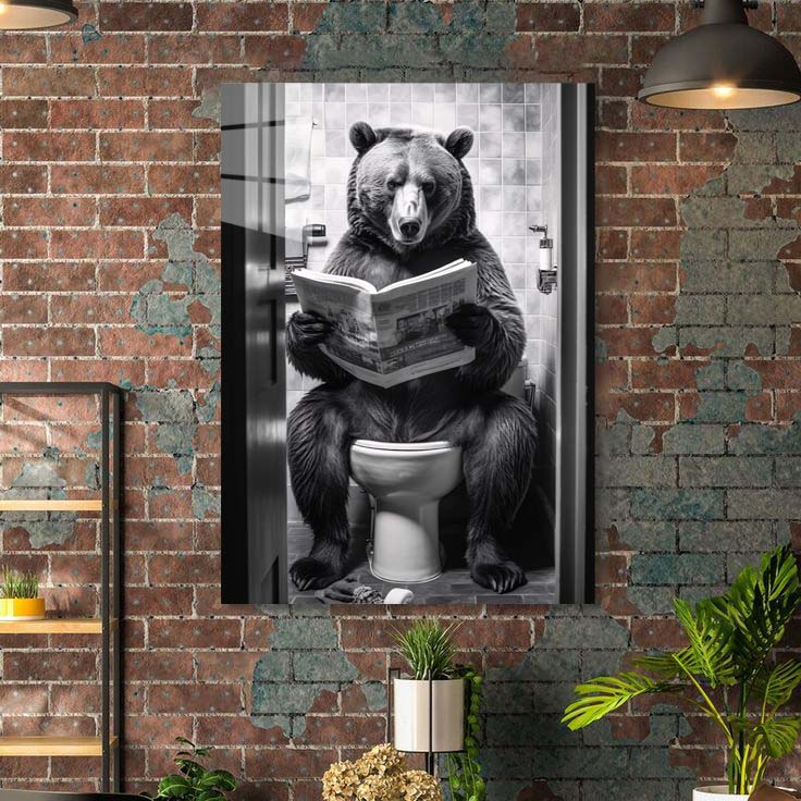 Funny Bear in toilet reading newpaper
