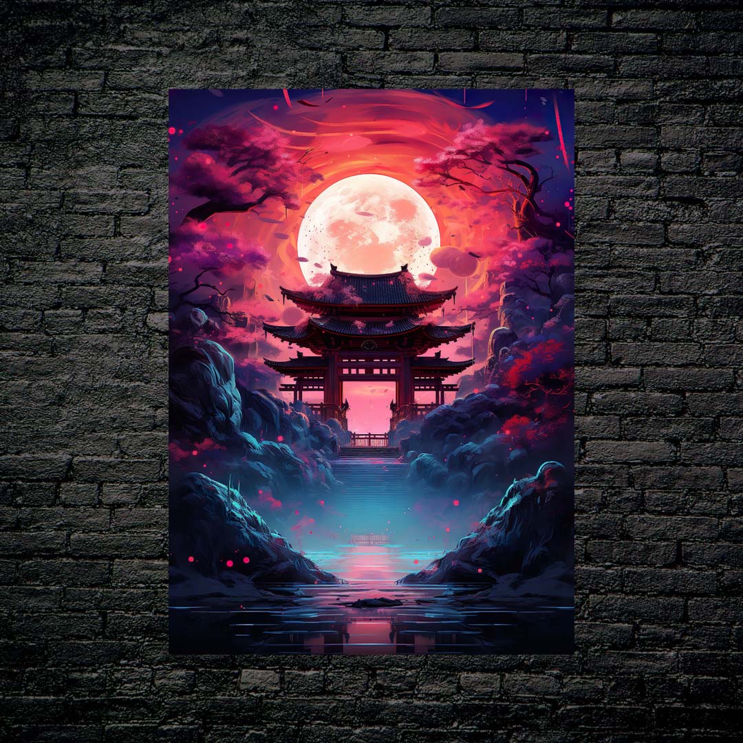 Japnese Village Pink Moon Art