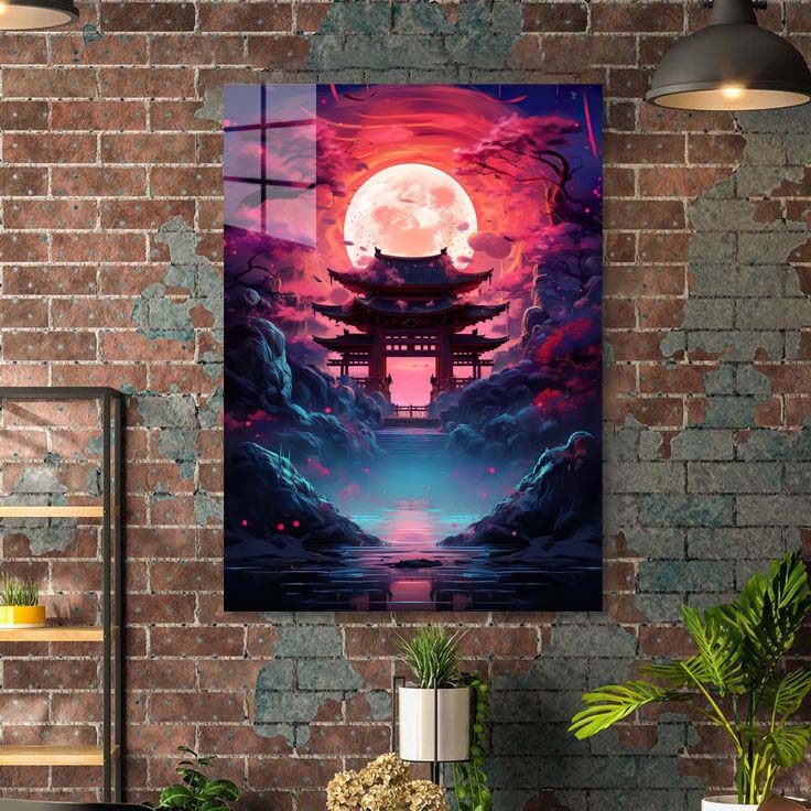 Japnese Village Pink Moon Art