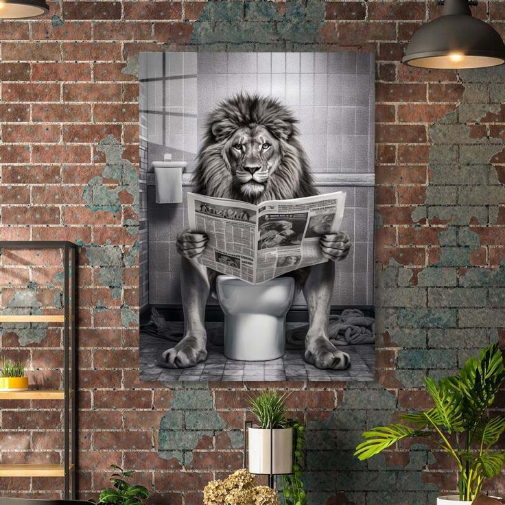 Lion in toilet holding newspaper