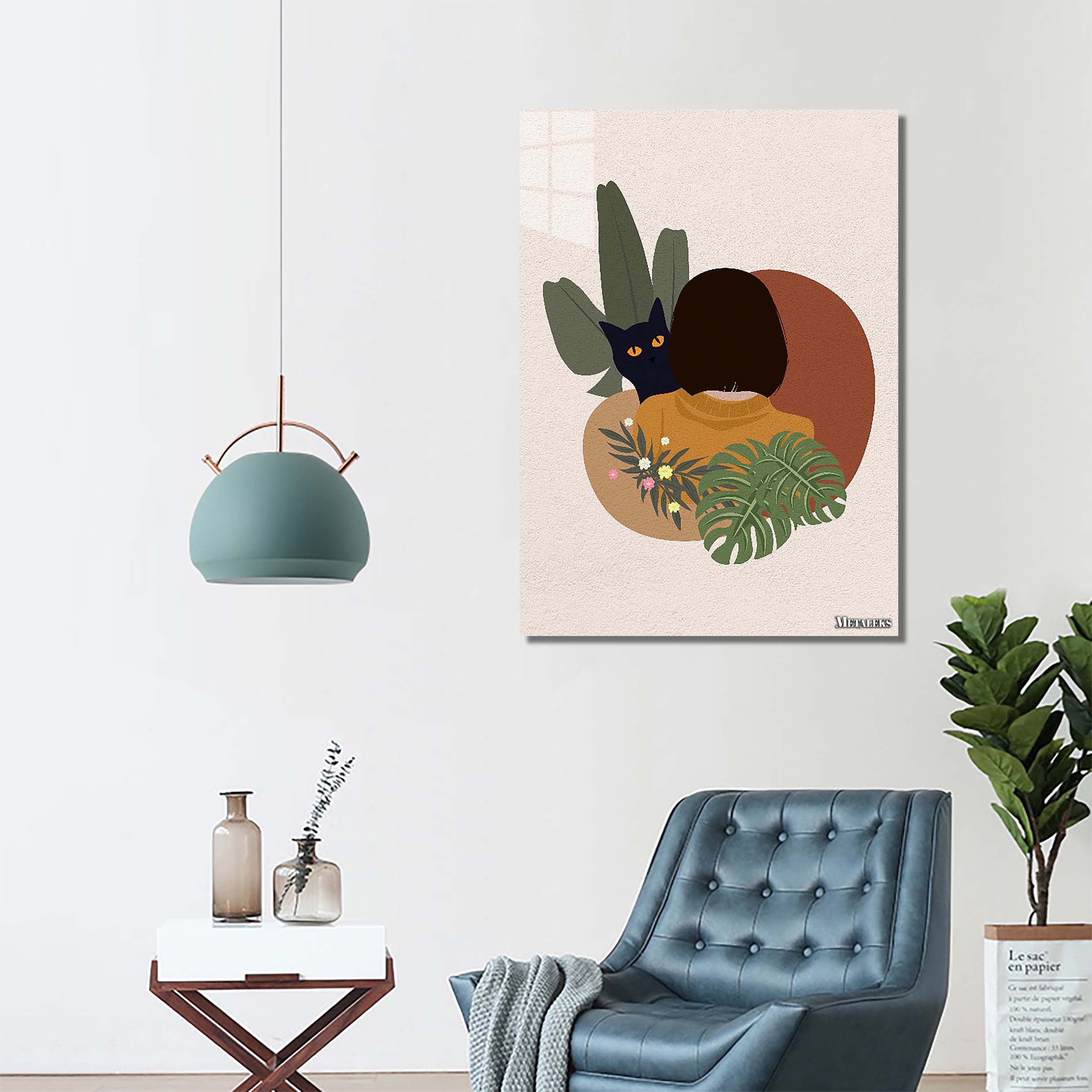 Minimal art cat and plant with beautiful woman